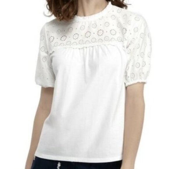 Tops - Cottagecore Eyelet Puff Sleeve Top White Ruffle Neck Medium Feminine Casual